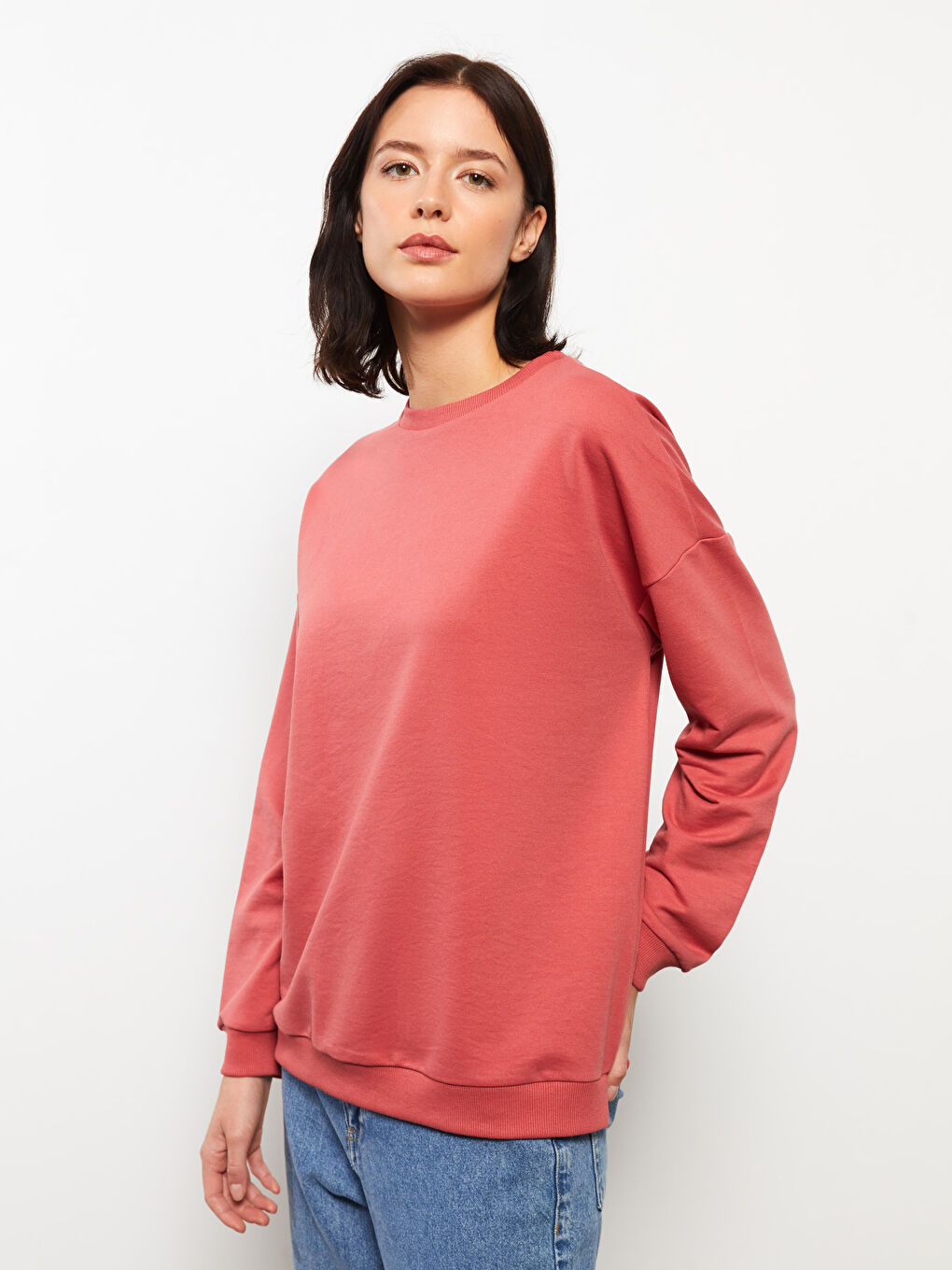 Kırmızı Bisiklet Yaka Oversize Kadın Sweatshirt-3