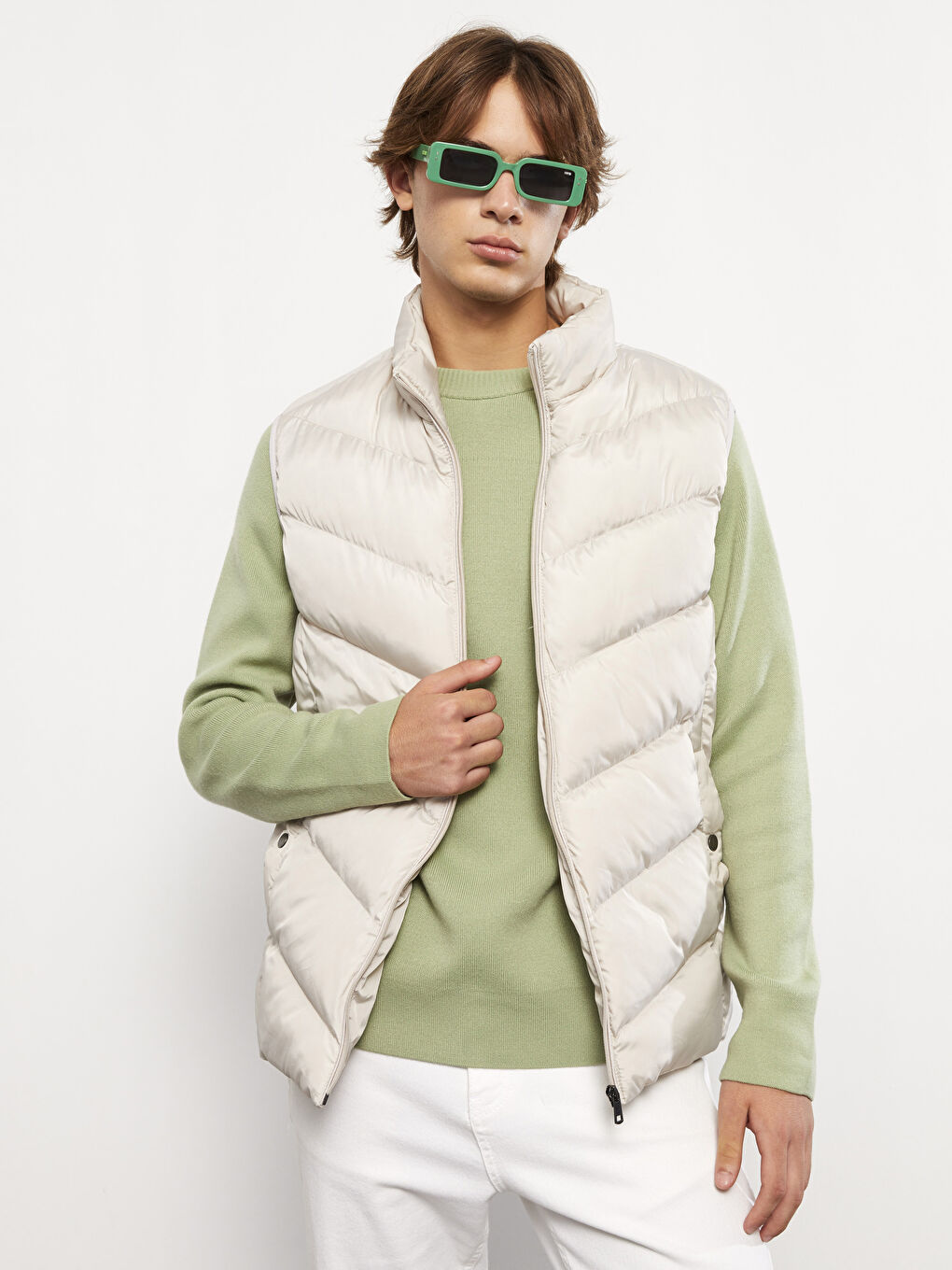 Bej Standart Kalıp Dik Yaka Erkek Şişme Yelek-1