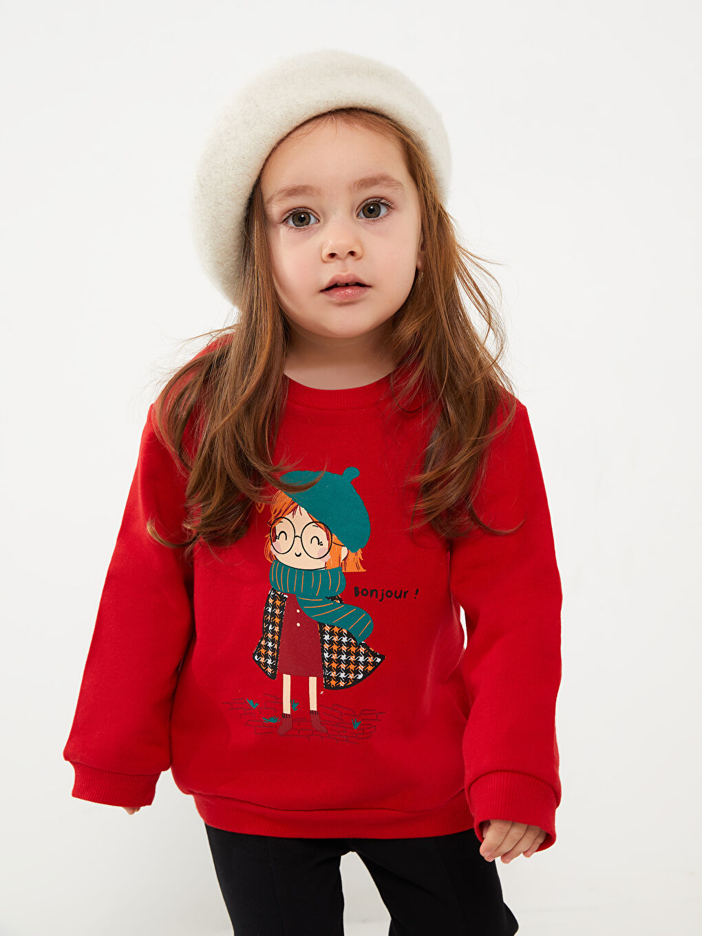 Kırmızı Bisiklet Yaka Uzun Kollu Baskılı Kız Bebek Sweatshirt 2'li-3