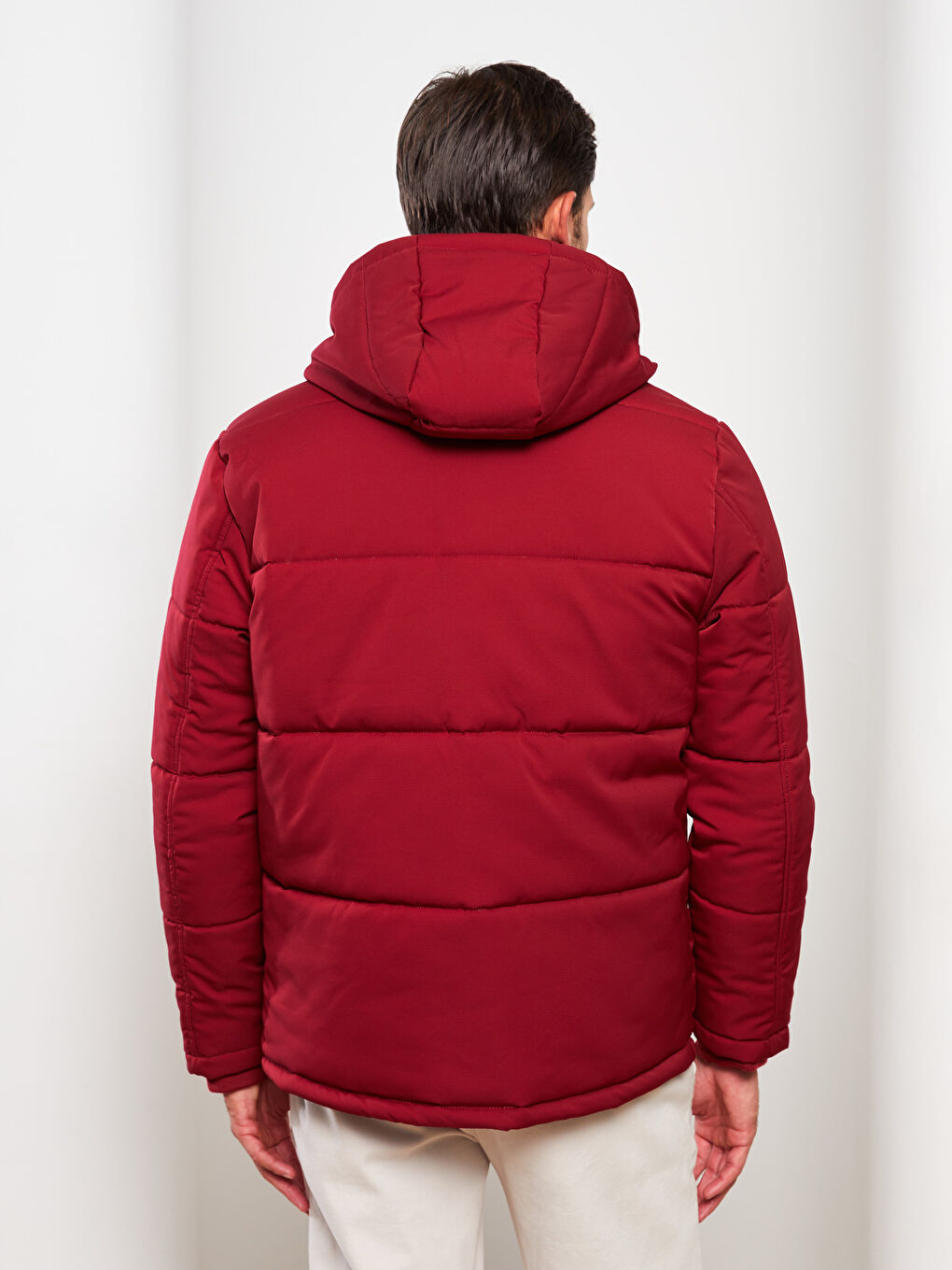 Kırmızı Standart Kalıp Kapüşonlu Erkek Şişme Mont-4