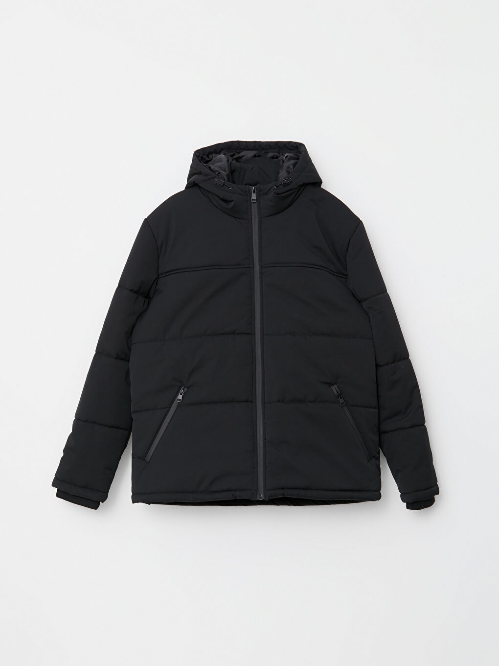 Siyah Standart Kalıp Kapüşonlu Erkek Şişme Mont-5