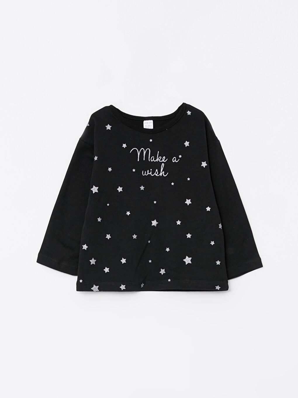 Siyah Bisiklet Yaka Uzun Kollu Baskılı Kız Bebek Tişört