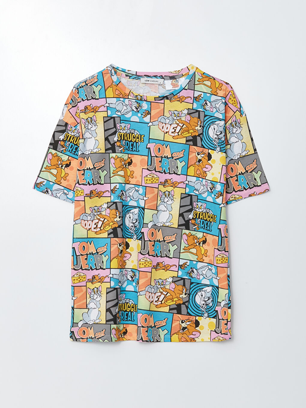 Beyaz Bisiklet Yaka Tom ve Jerry Baskılı Kısa Kollu Kadın Tişört-5