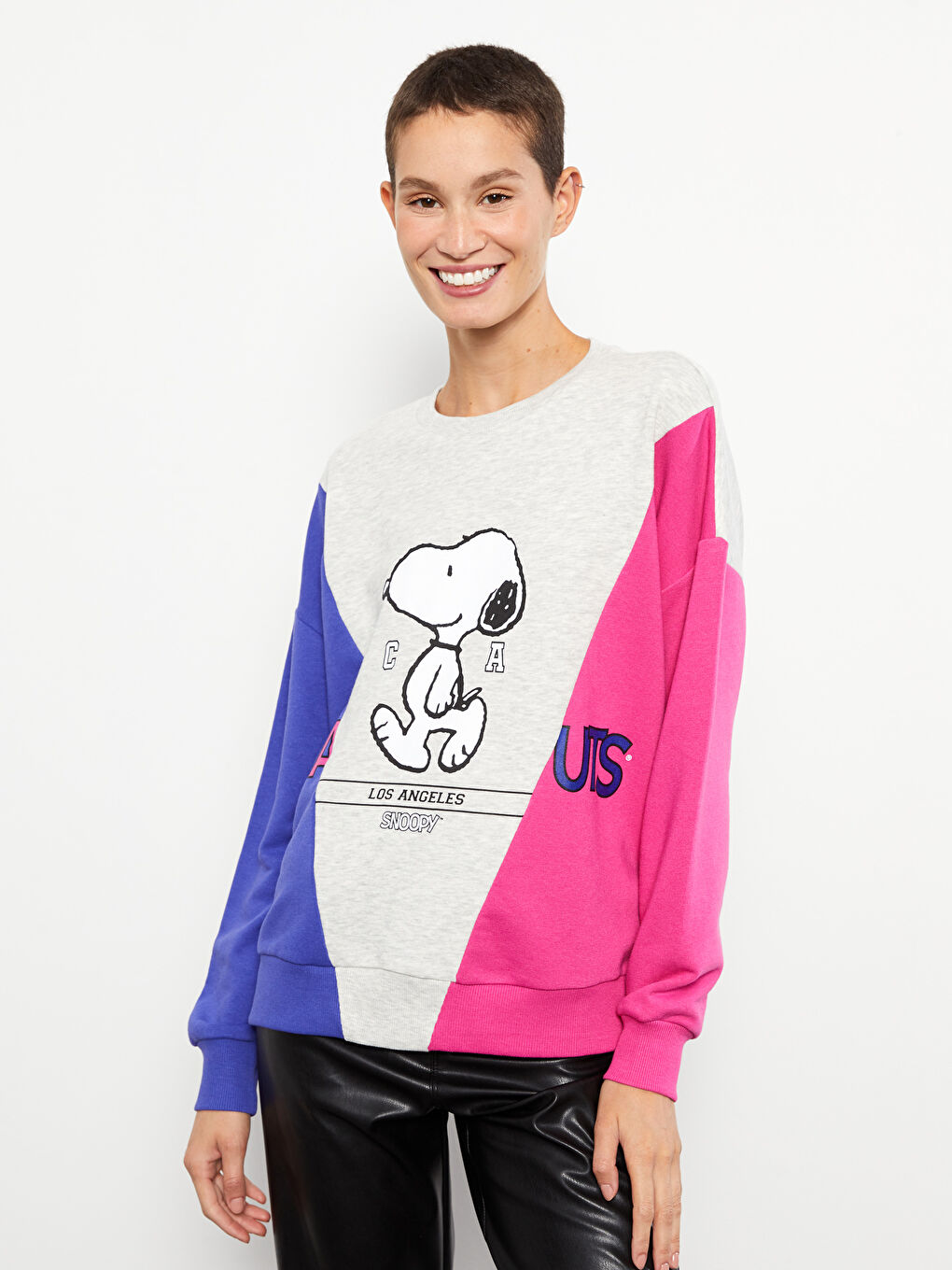 LCW Vision Gri Melanj Bisiklet Yaka Snoopy Baskılı Uzun Kollu Kadın Sweatshirt - 1