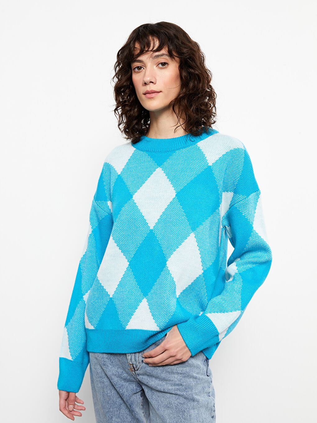 Rundhalsausschnitt Bedruckter Langarm Strickpullover für Damen-5