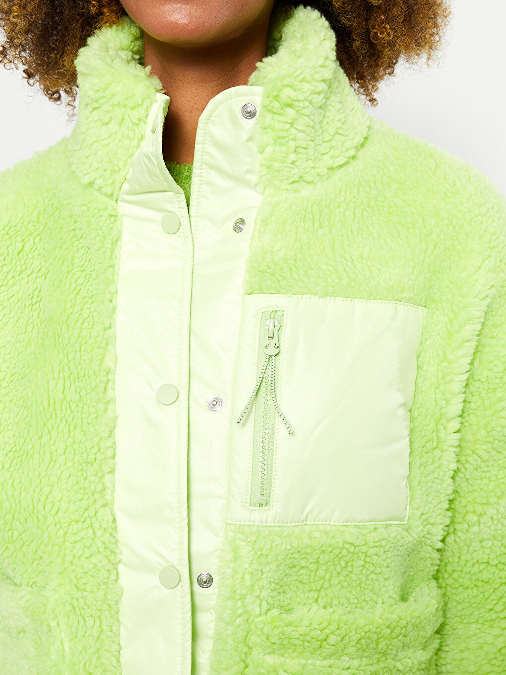 Yeşil Dik Yaka Düz Uzun Kollu Kadın Pelüş Mont-3