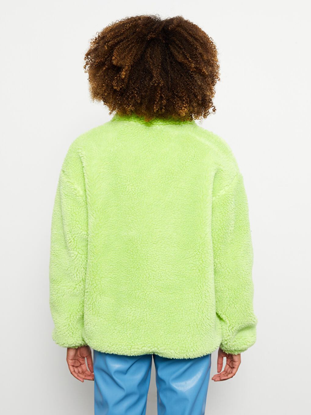 Yeşil Dik Yaka Düz Uzun Kollu Kadın Pelüş Mont-5