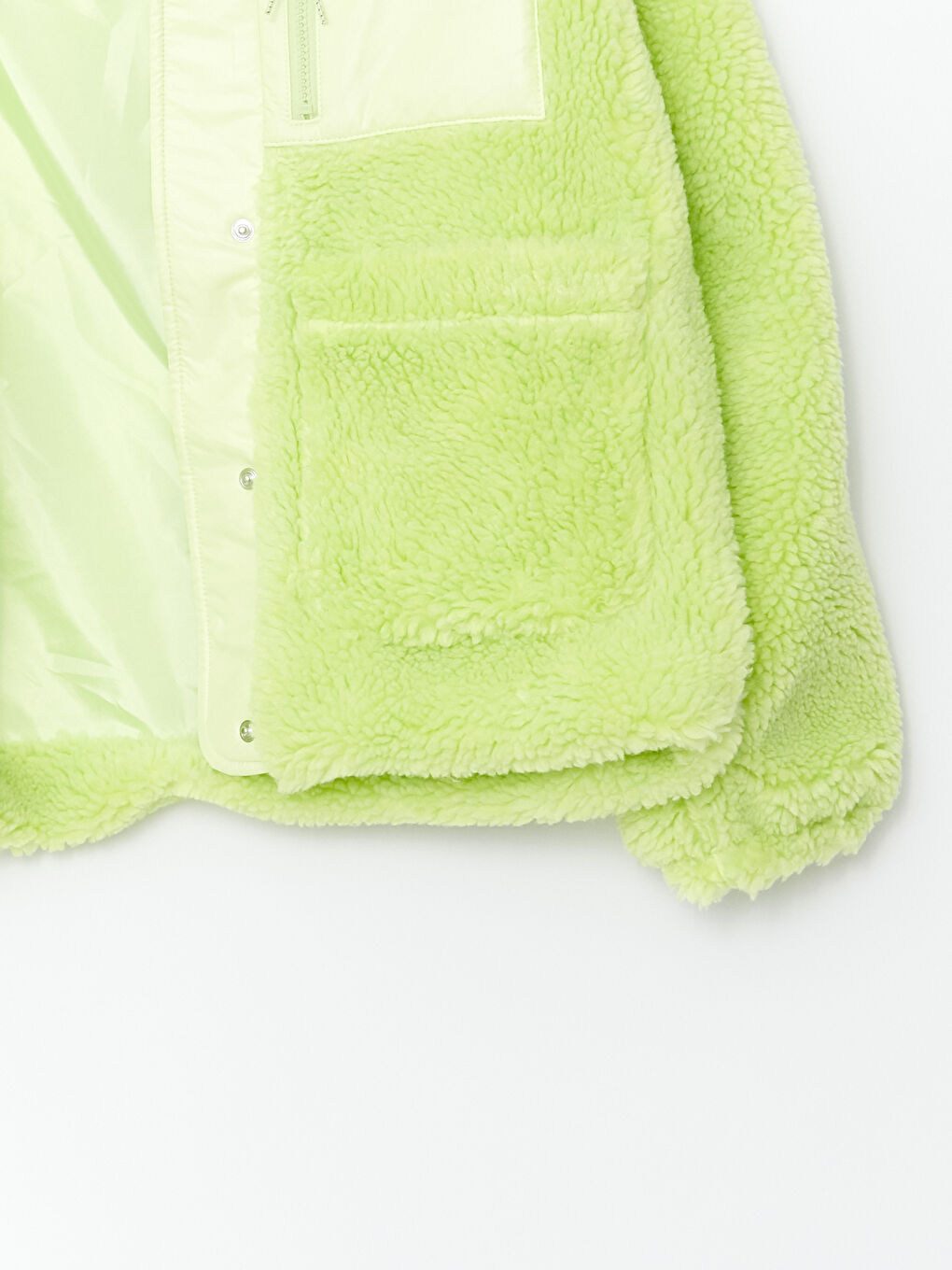 Yeşil Dik Yaka Düz Uzun Kollu Kadın Pelüş Mont-8