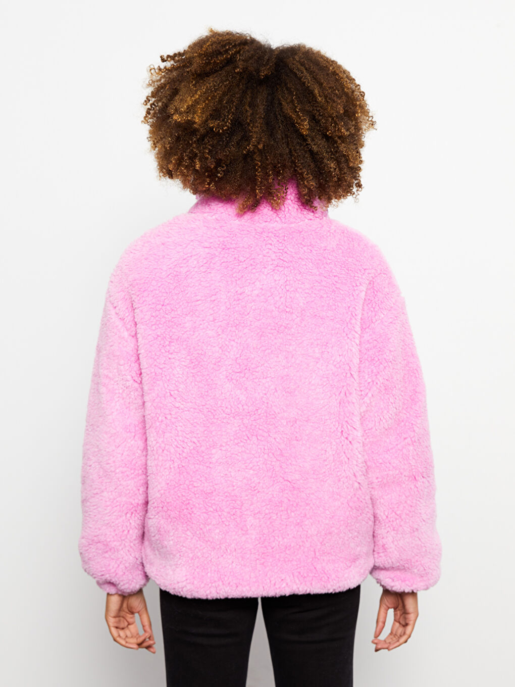 Pembe Dik Yaka Düz Uzun Kollu Kadın Pelüş Mont-5