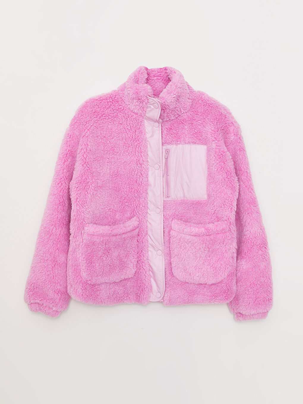 Pembe Dik Yaka Düz Uzun Kollu Kadın Pelüş Mont-6