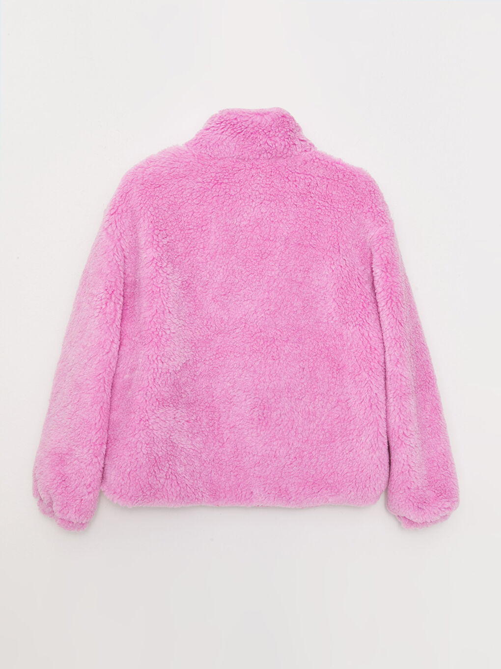 Pembe Dik Yaka Düz Uzun Kollu Kadın Pelüş Mont-7