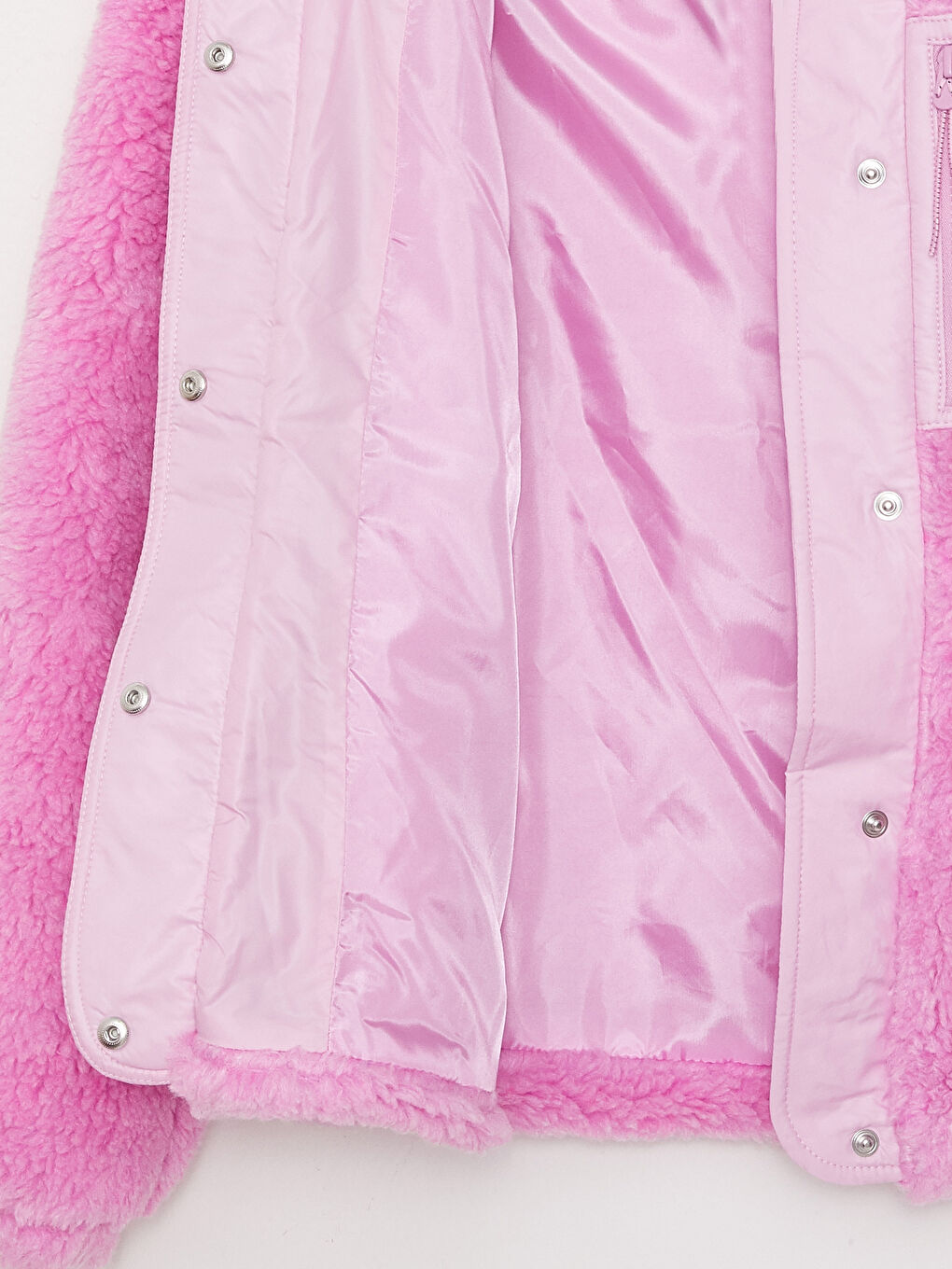 Pembe Dik Yaka Düz Uzun Kollu Kadın Pelüş Mont-8