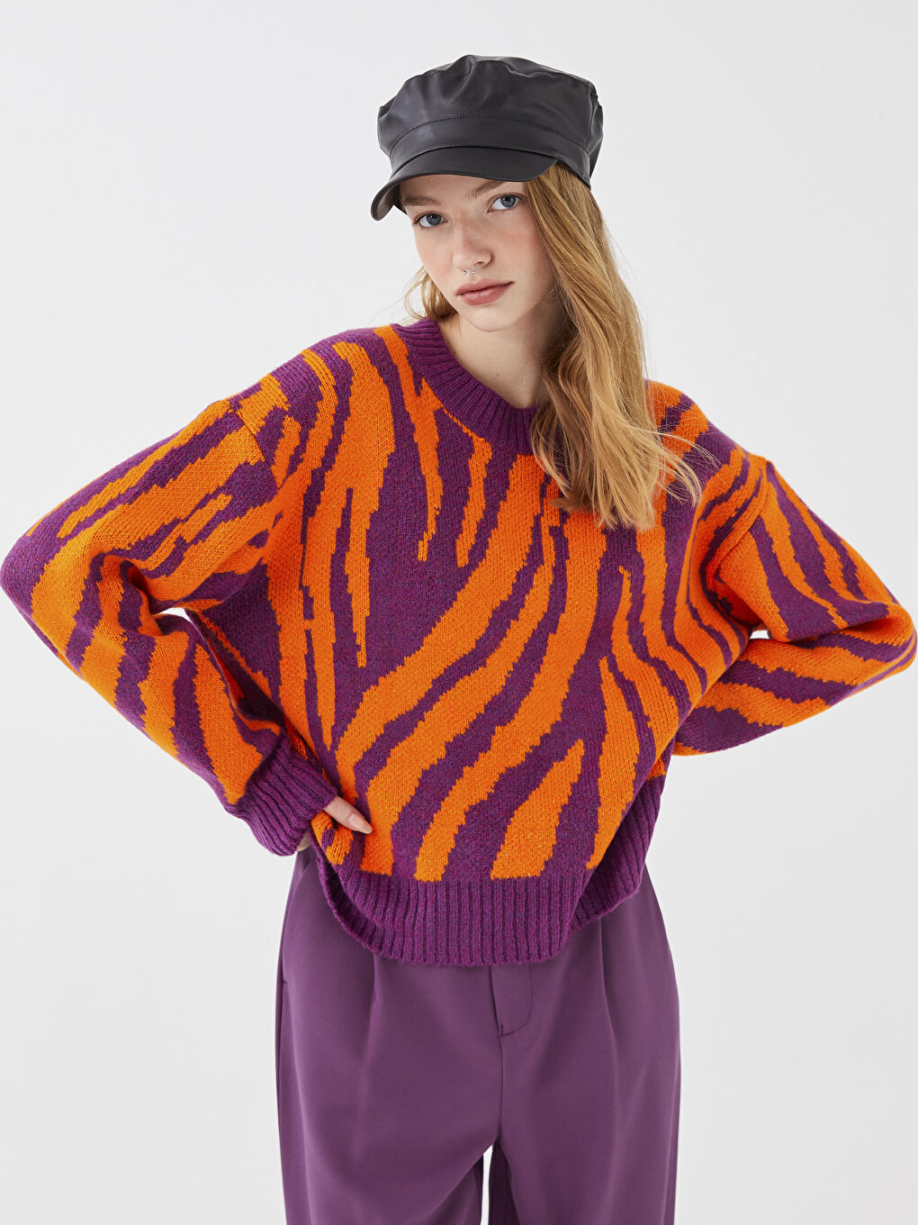 Crew Neck Patterned Long Sleeve Women's Knitwear Sweater