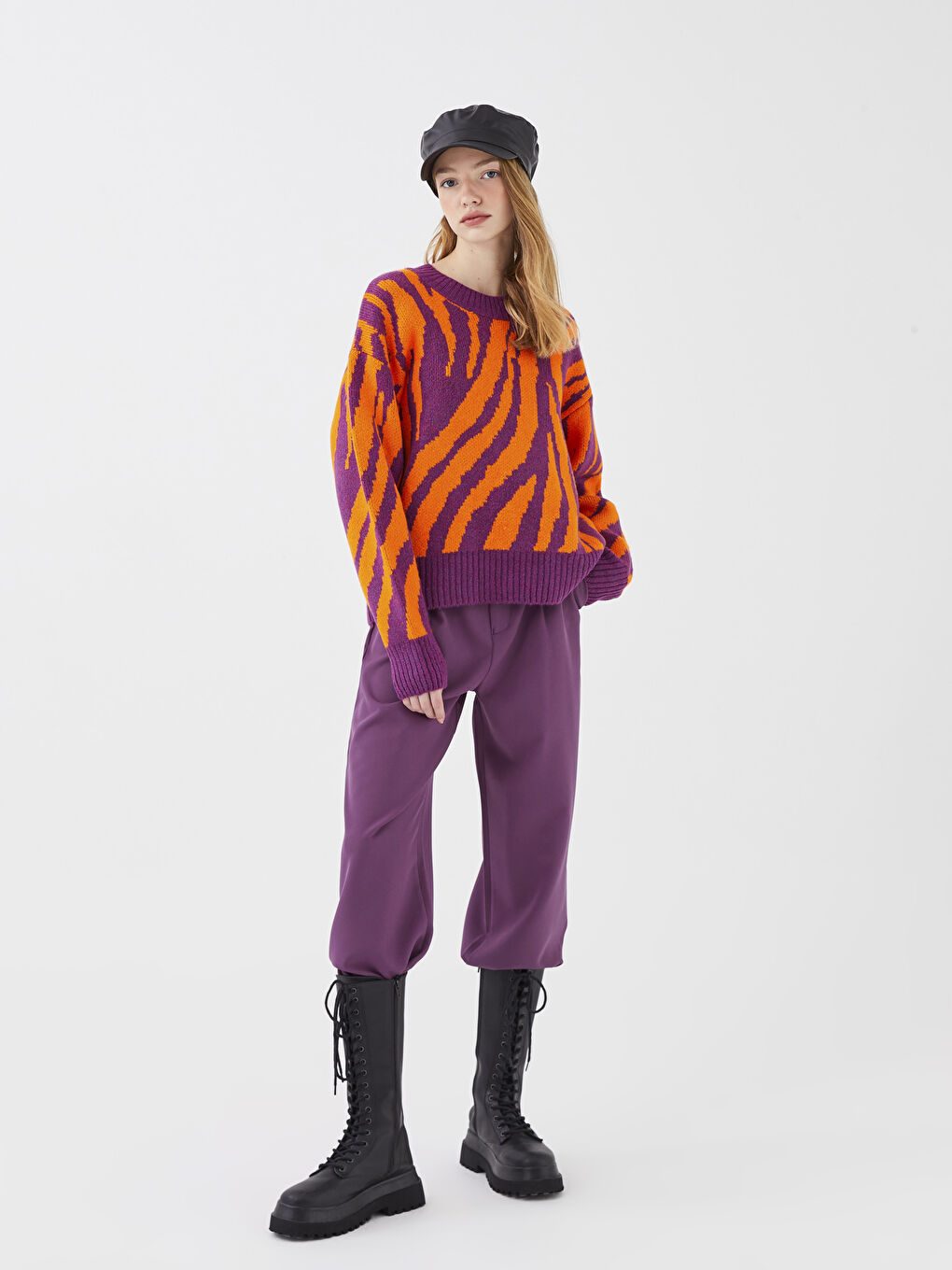 Crew Neck Patterned Long Sleeve Women's Knitwear Sweater-1