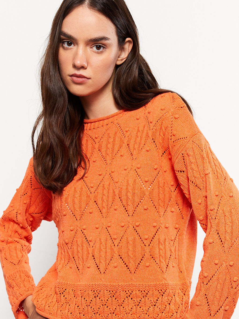 Свитер из трикотажа с длинным рукавом и круглым вырезом для женщин с ажурной вязкой-2