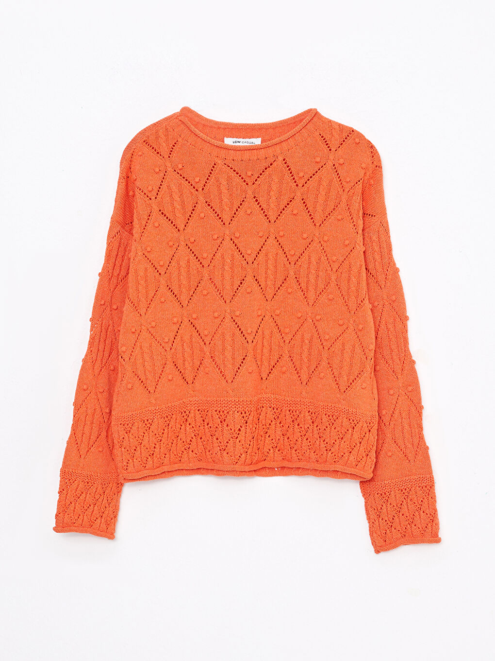 Свитер из трикотажа с длинным рукавом и круглым вырезом для женщин с ажурной вязкой-5