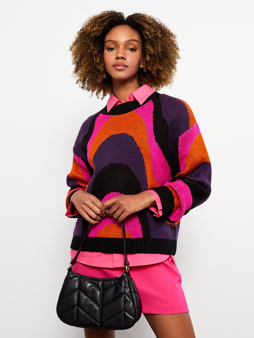 Karışık Bisiklet Yaka Desenli Uzun Kollu Kadın Triko Kazak