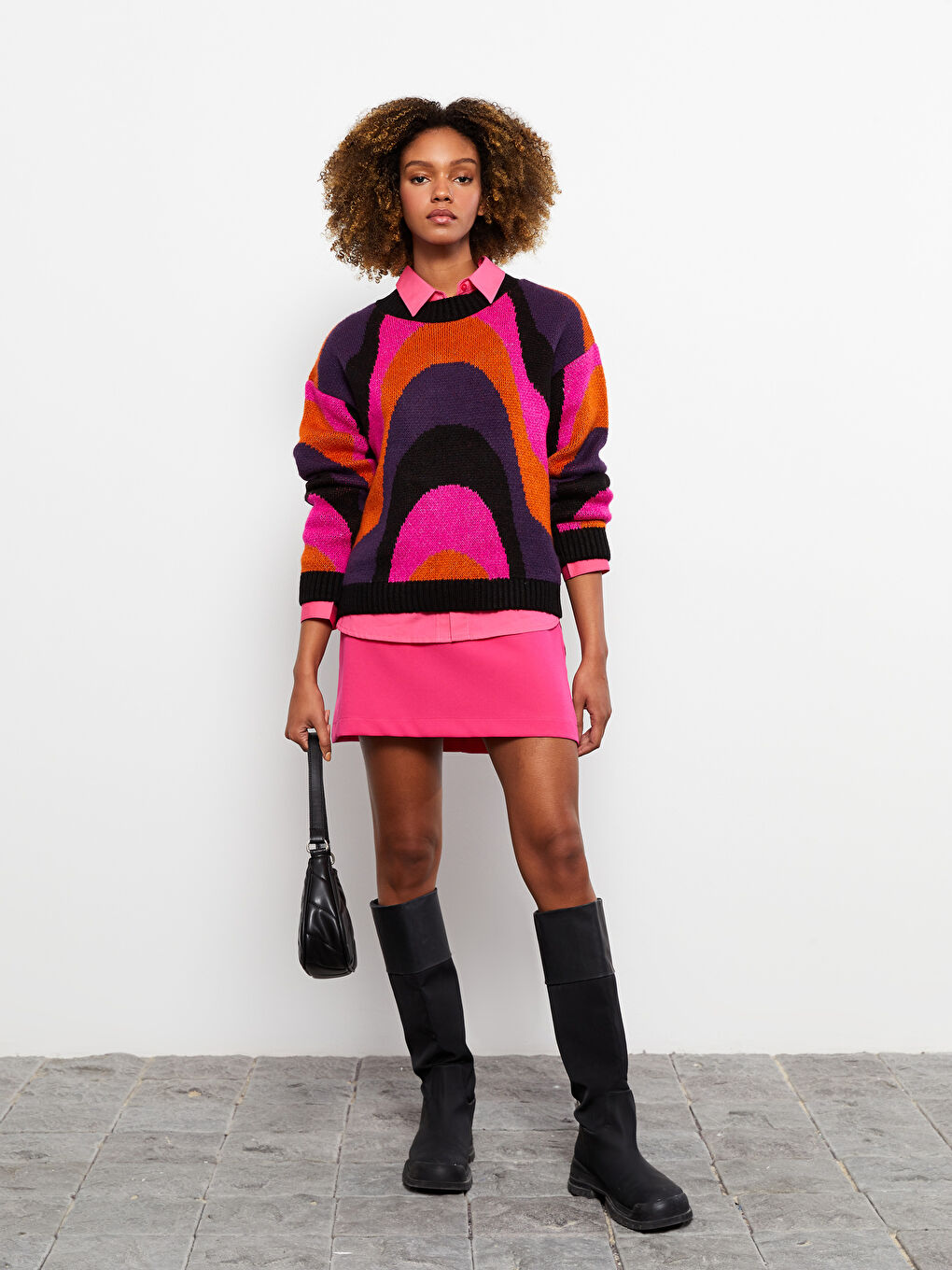 Karışık Bisiklet Yaka Desenli Uzun Kollu Kadın Triko Kazak-1