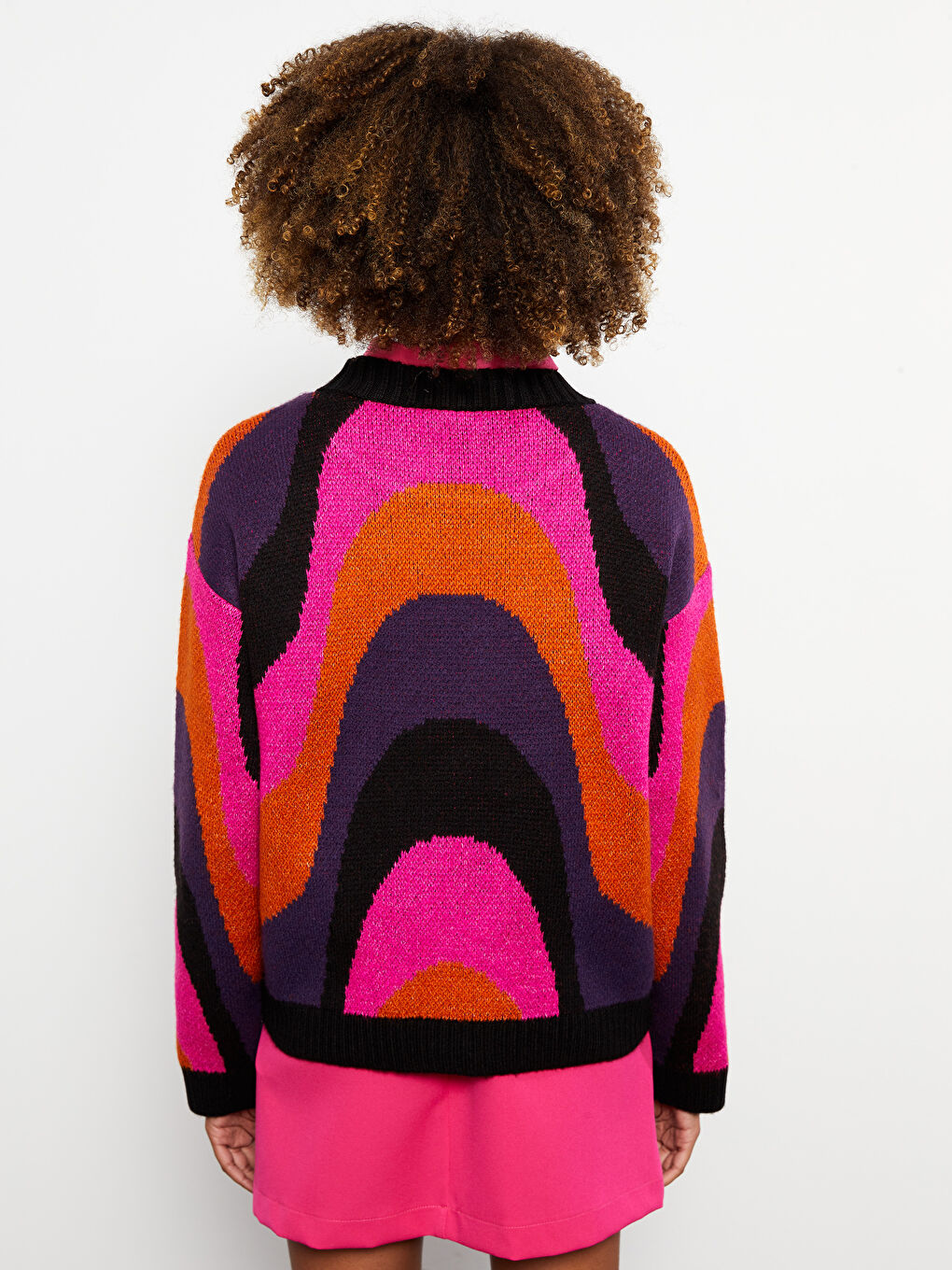 Karışık Bisiklet Yaka Desenli Uzun Kollu Kadın Triko Kazak-3