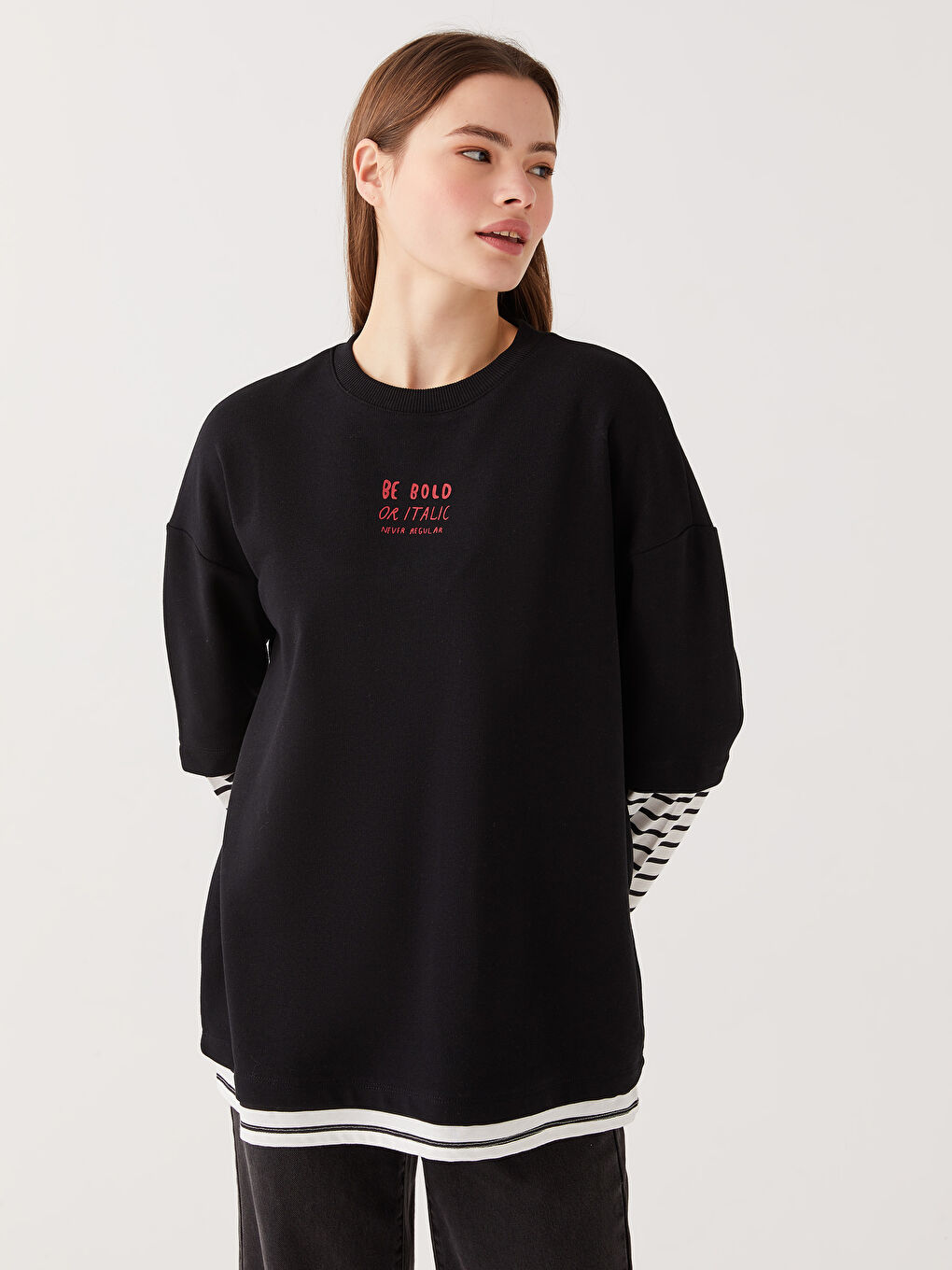 Siyah Bisiklet Yaka Baskılı Uzun Kollu Kadın Sweatshirt Tunik