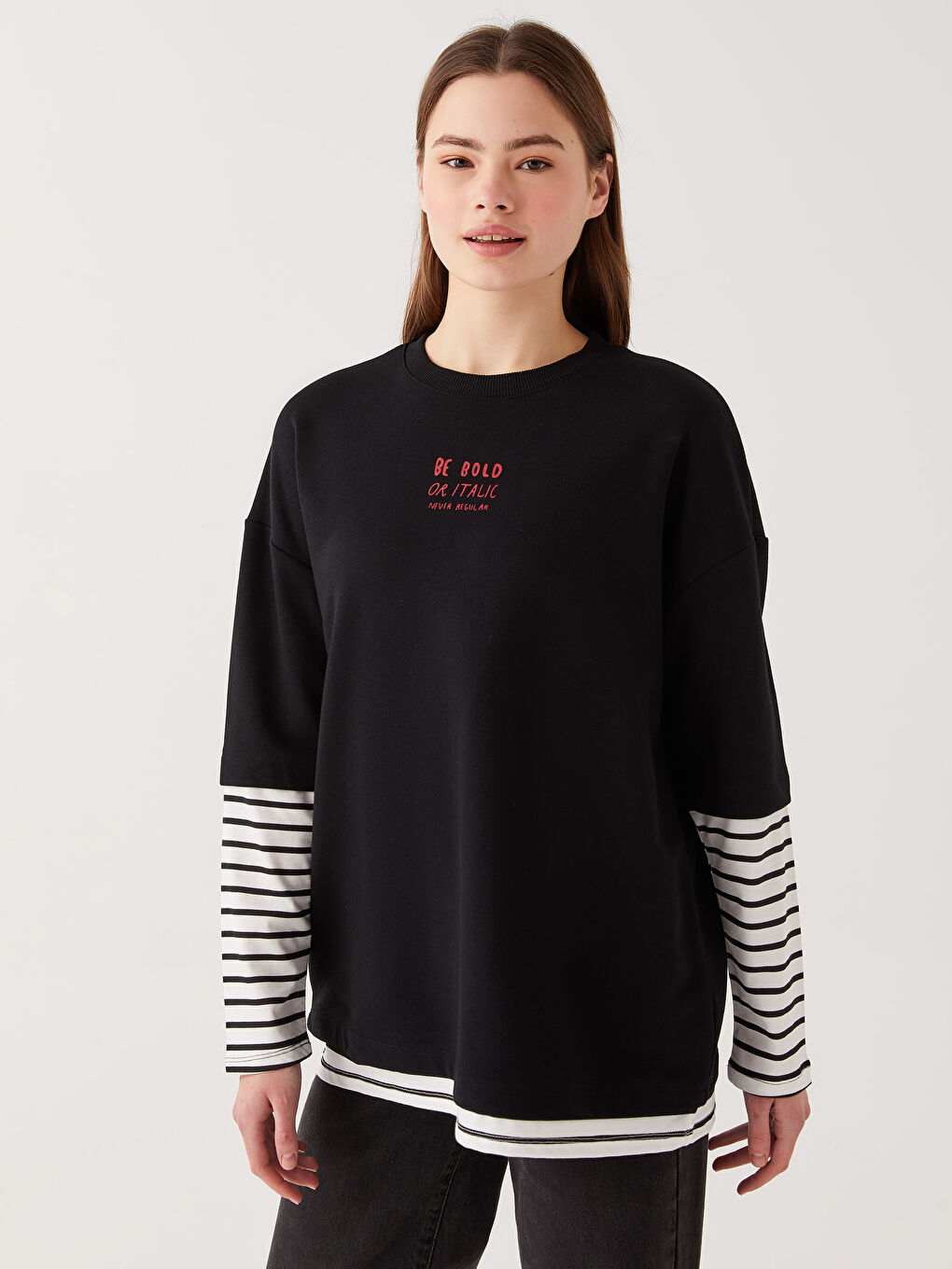 Siyah Bisiklet Yaka Baskılı Uzun Kollu Kadın Sweatshirt Tunik-1