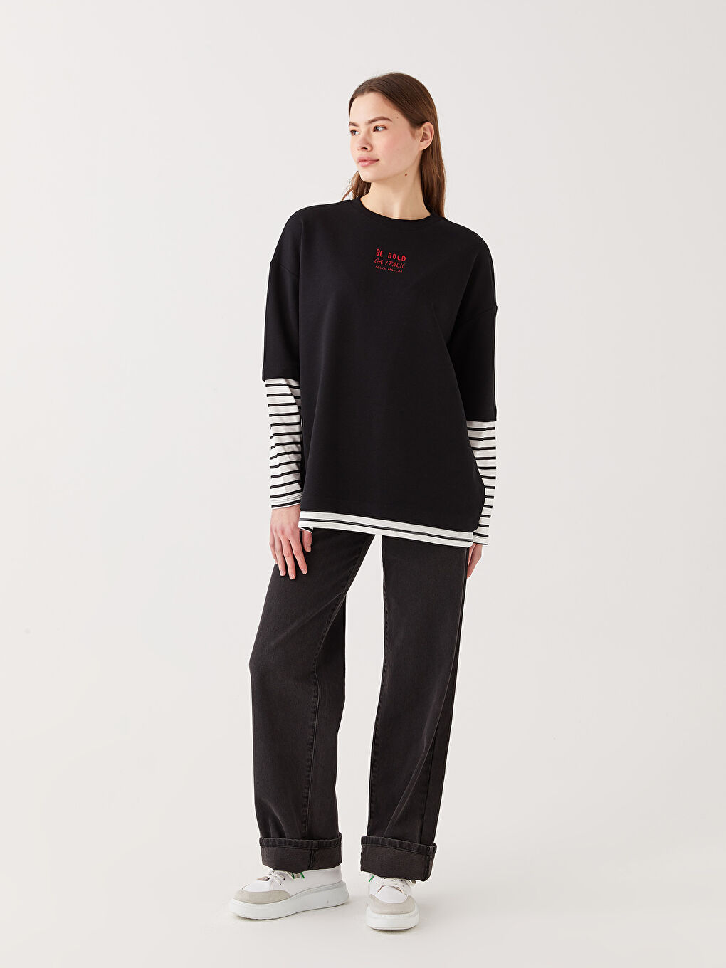 Siyah Bisiklet Yaka Baskılı Uzun Kollu Kadın Sweatshirt Tunik-2