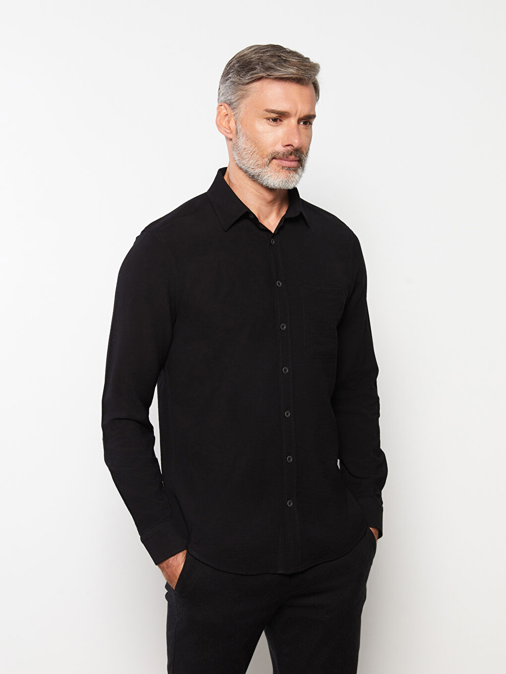 Siyah Regular Fit Uzun Kollu Erkek Gömlek-1