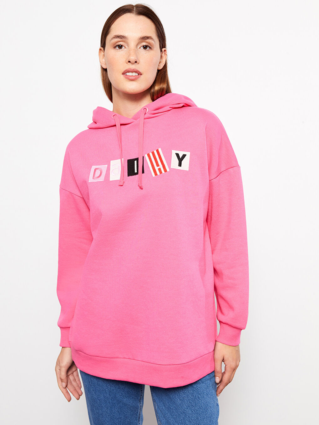 LCW Modest Pembe Baskılı Kadın Kalın Hoodie Tunik