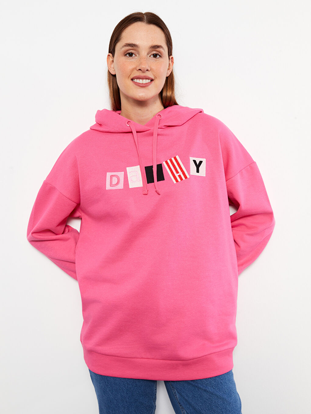 LCW Modest Pembe Baskılı Kadın Kalın Hoodie Tunik - 1