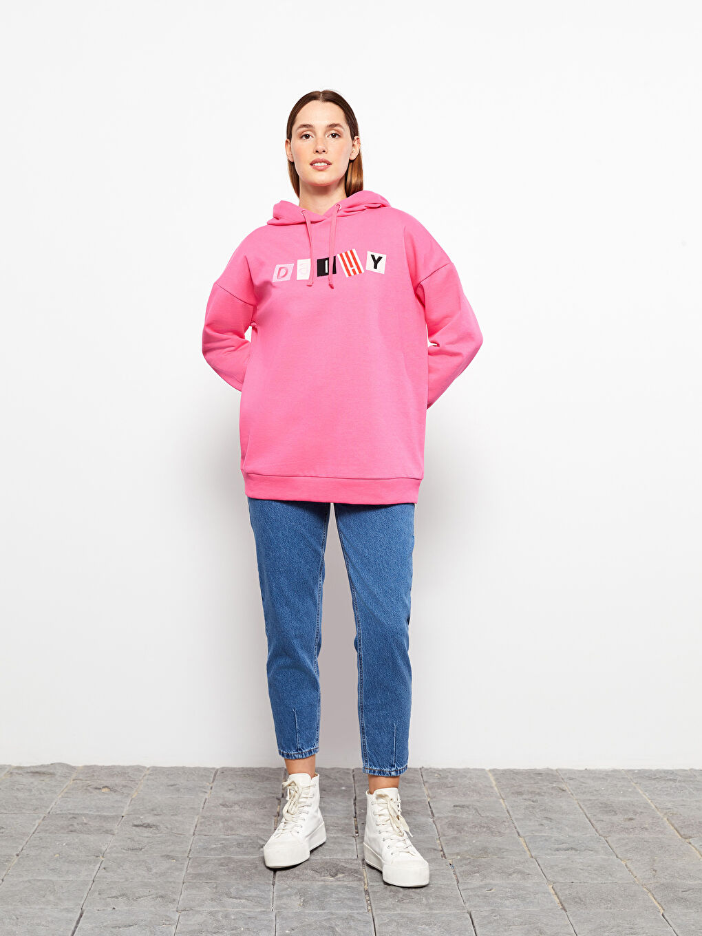 LCW Modest Pembe Baskılı Kadın Kalın Hoodie Tunik - 2