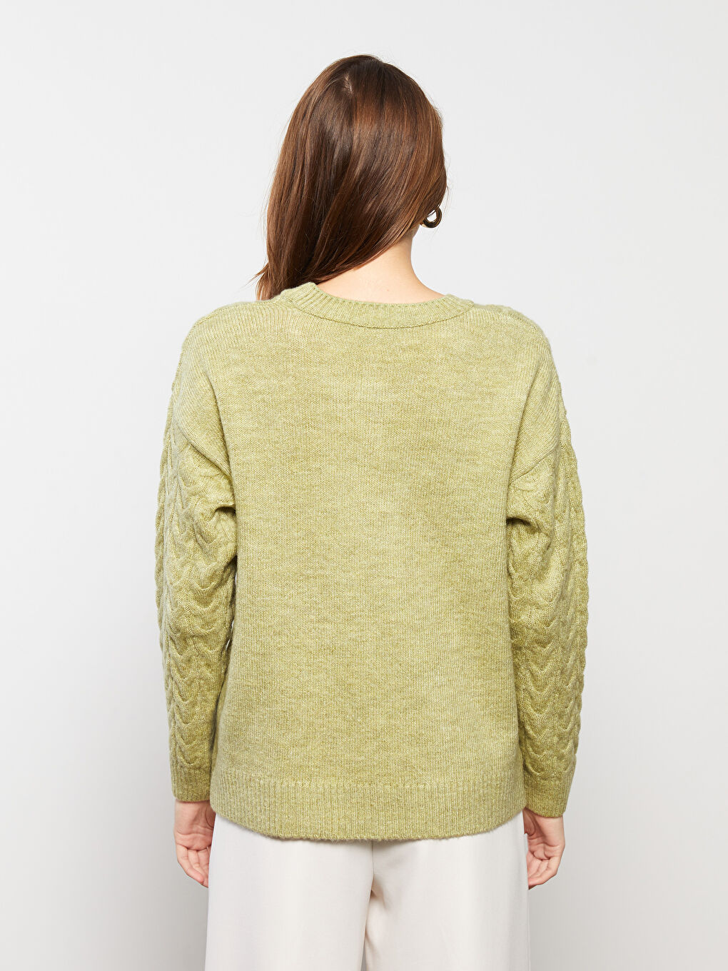 Yeşil Bisiklet Yaka Kendinden Desenli Uzun Kollu Kadın Triko Kazak-3