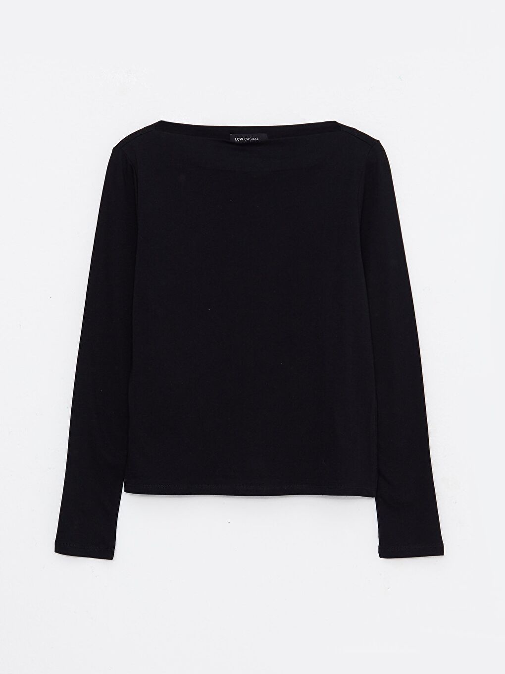 Siyah Kayık Yaka Düz Uzun Kollu Pamuklu Kadın Tişört-4