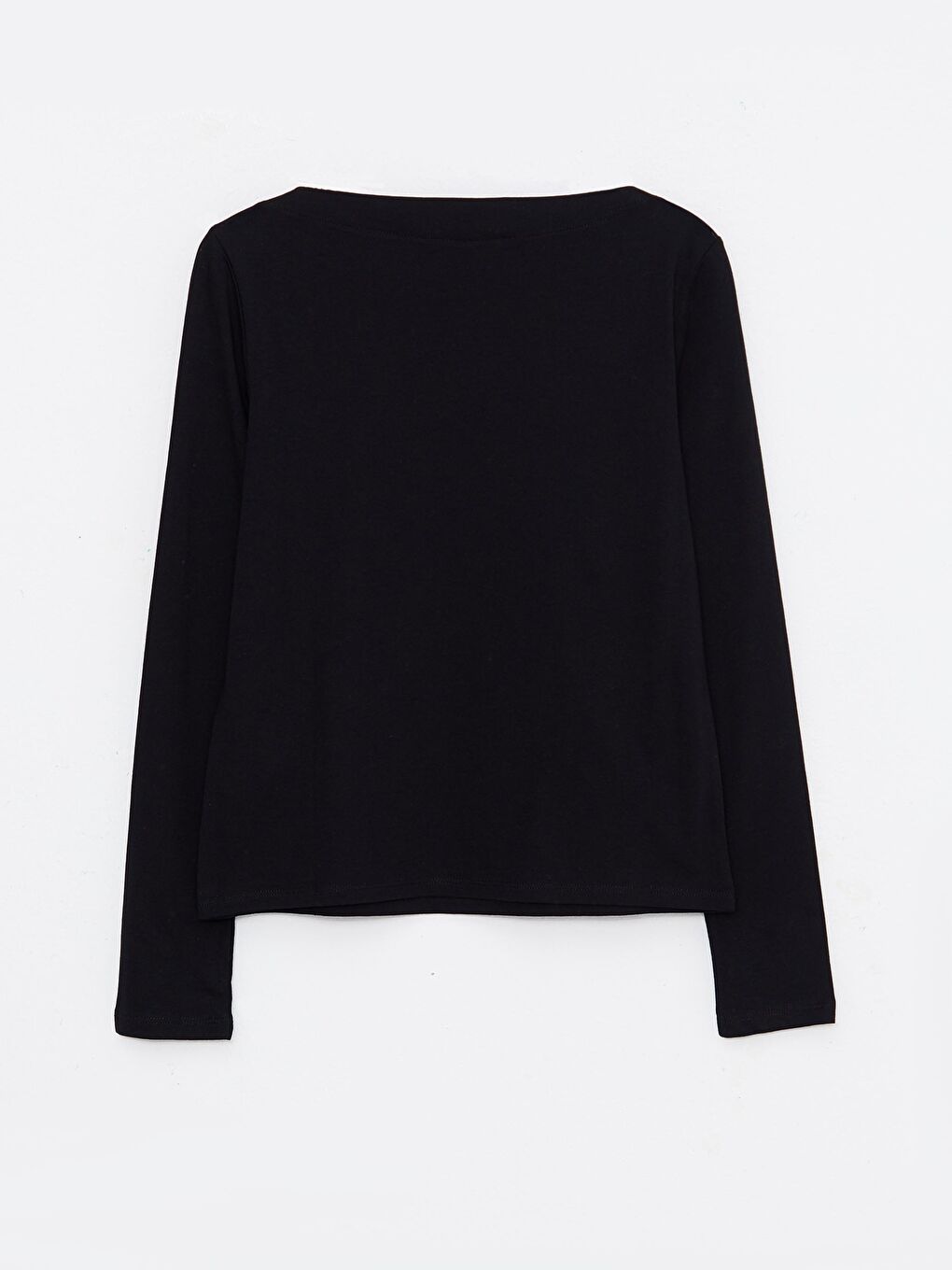 Siyah Kayık Yaka Düz Uzun Kollu Pamuklu Kadın Tişört-5