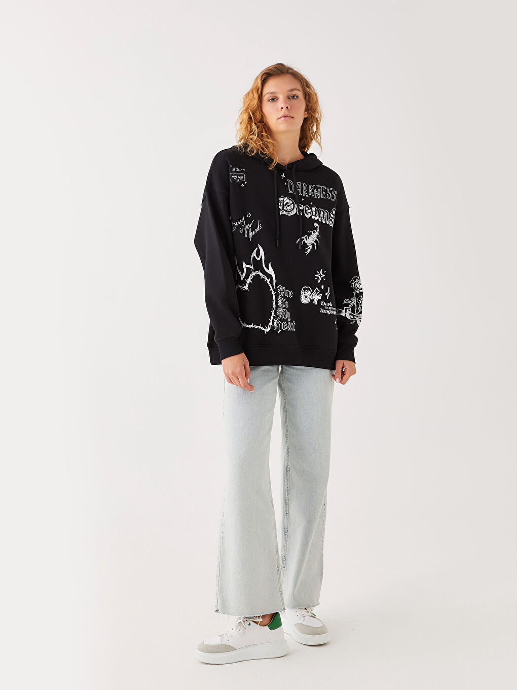 Siyah Baskılı Oversize Kadın Kalın Hoodie-3