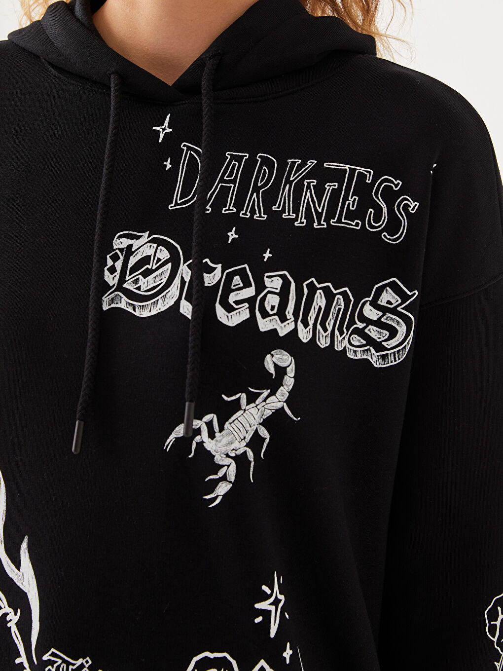 Siyah Baskılı Oversize Kadın Kalın Hoodie-4