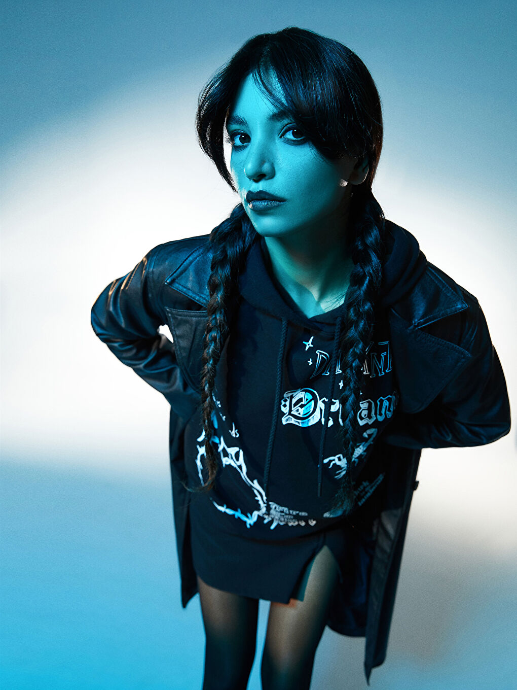 Siyah Baskılı Oversize Kadın Kalın Hoodie