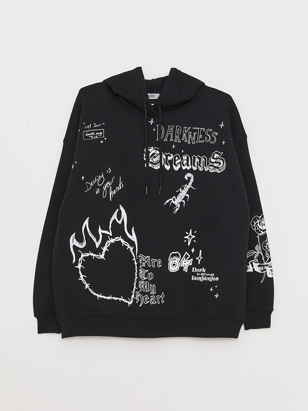 Siyah Baskılı Oversize Kadın Kalın Hoodie-6