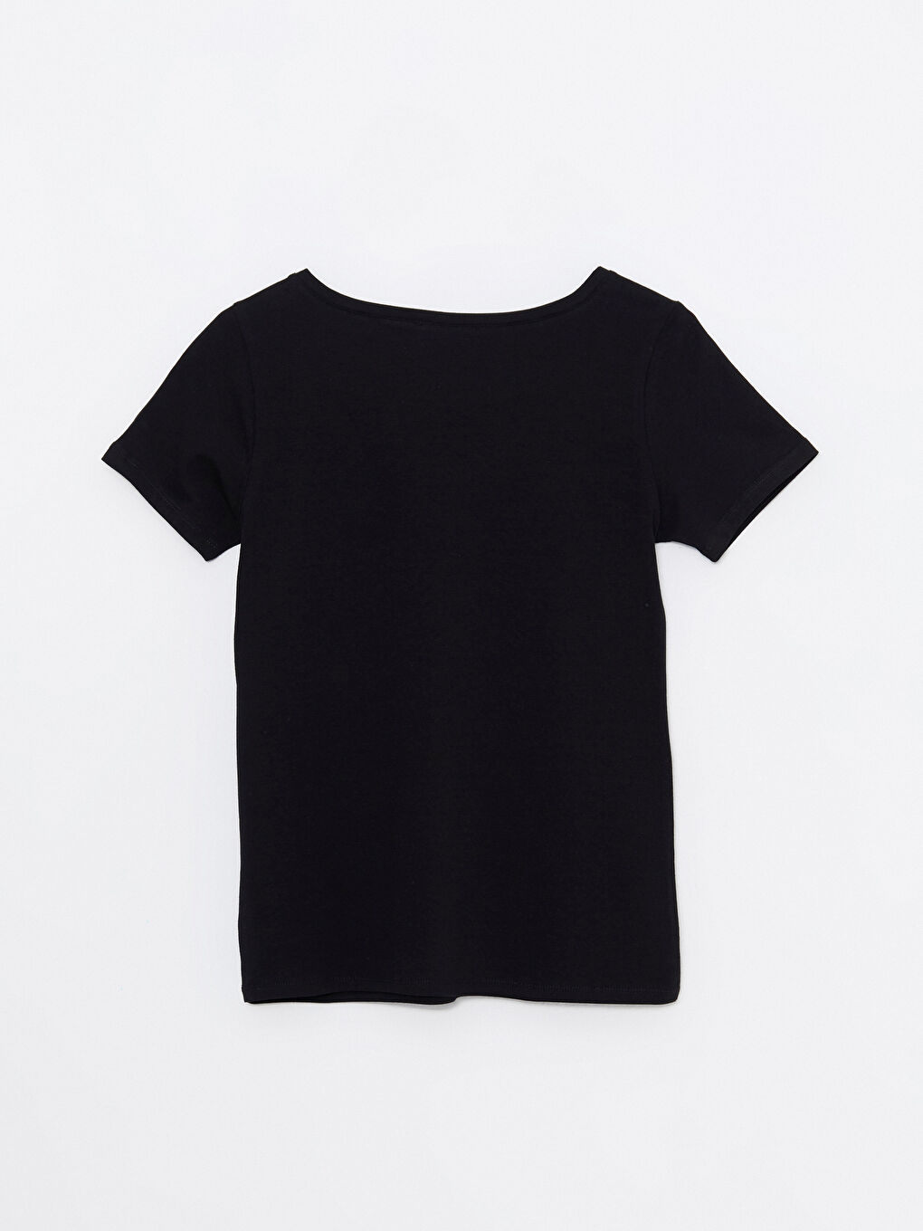 Siyah V Yaka Düz Kısa Kollu Pamuklu Kadın Tişört-8