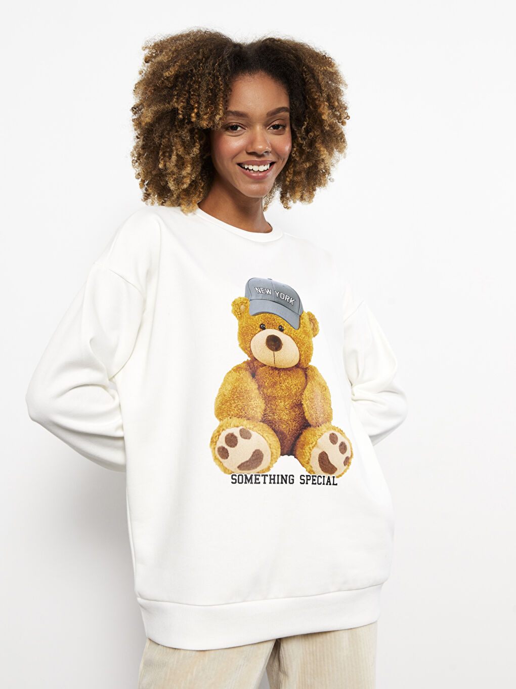 Ekru Bisiklet Yaka Baskılı Oversize Kadın Kalın Sweatshirt