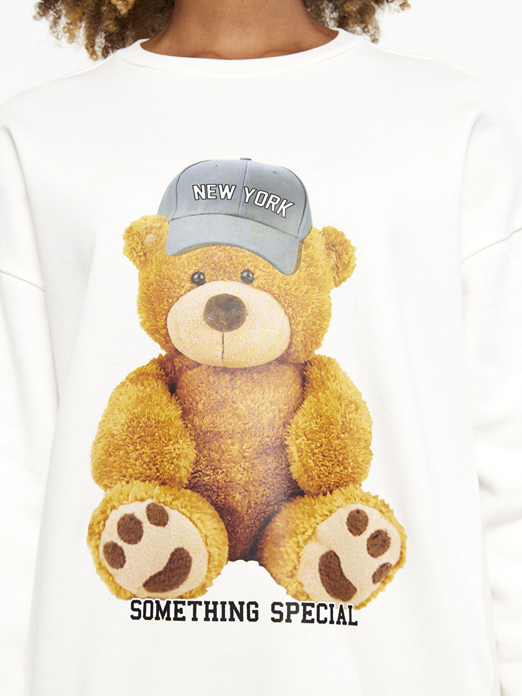 Ekru Bisiklet Yaka Baskılı Oversize Kadın Kalın Sweatshirt-2