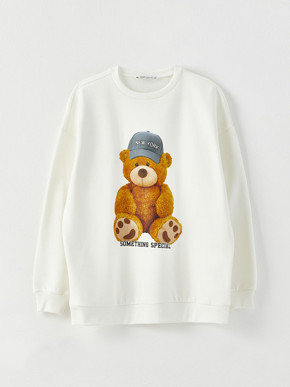 Ekru Bisiklet Yaka Baskılı Oversize Kadın Kalın Sweatshirt-4