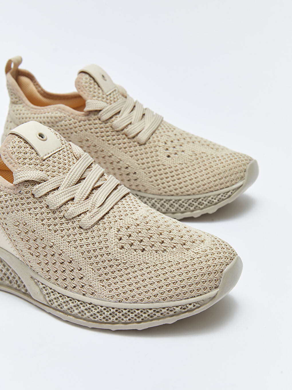 Bej Bağcıklı Triko Kadın Spor Ayakkabı-2