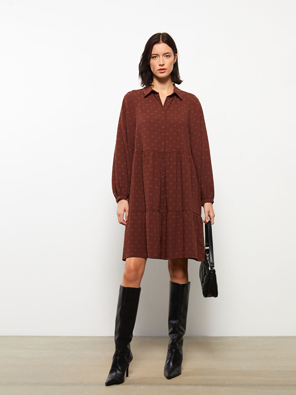 Kahverengi Gömlek Yaka Desenli Uzun Kollu Kadın Elbise