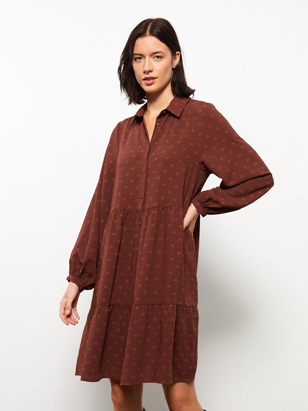 Kahverengi Gömlek Yaka Desenli Uzun Kollu Kadın Elbise-1