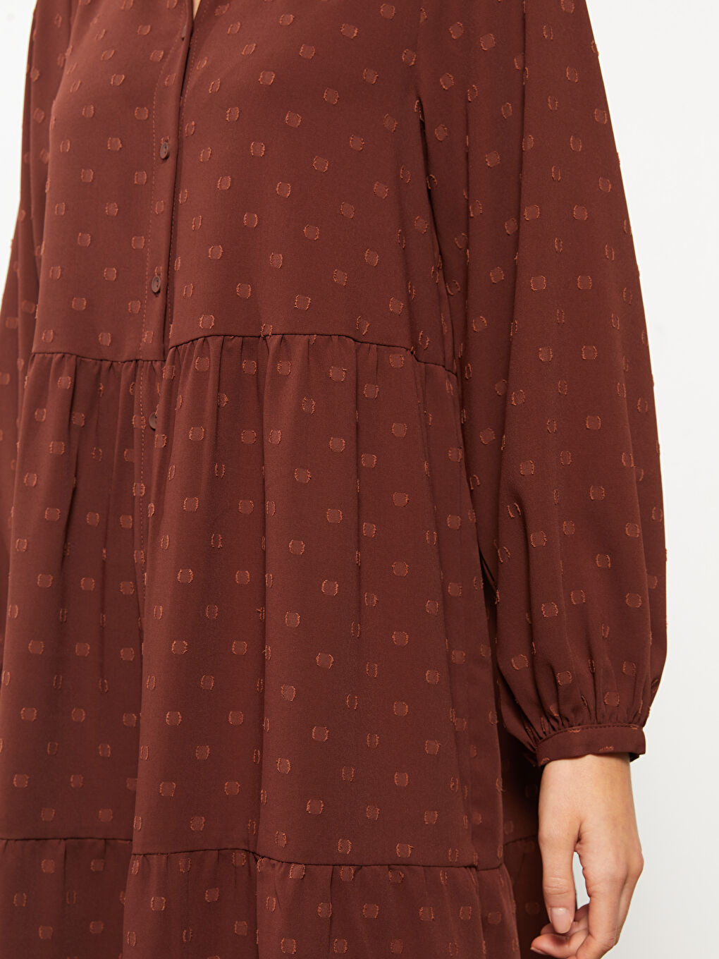 Kahverengi Gömlek Yaka Desenli Uzun Kollu Kadın Elbise-2