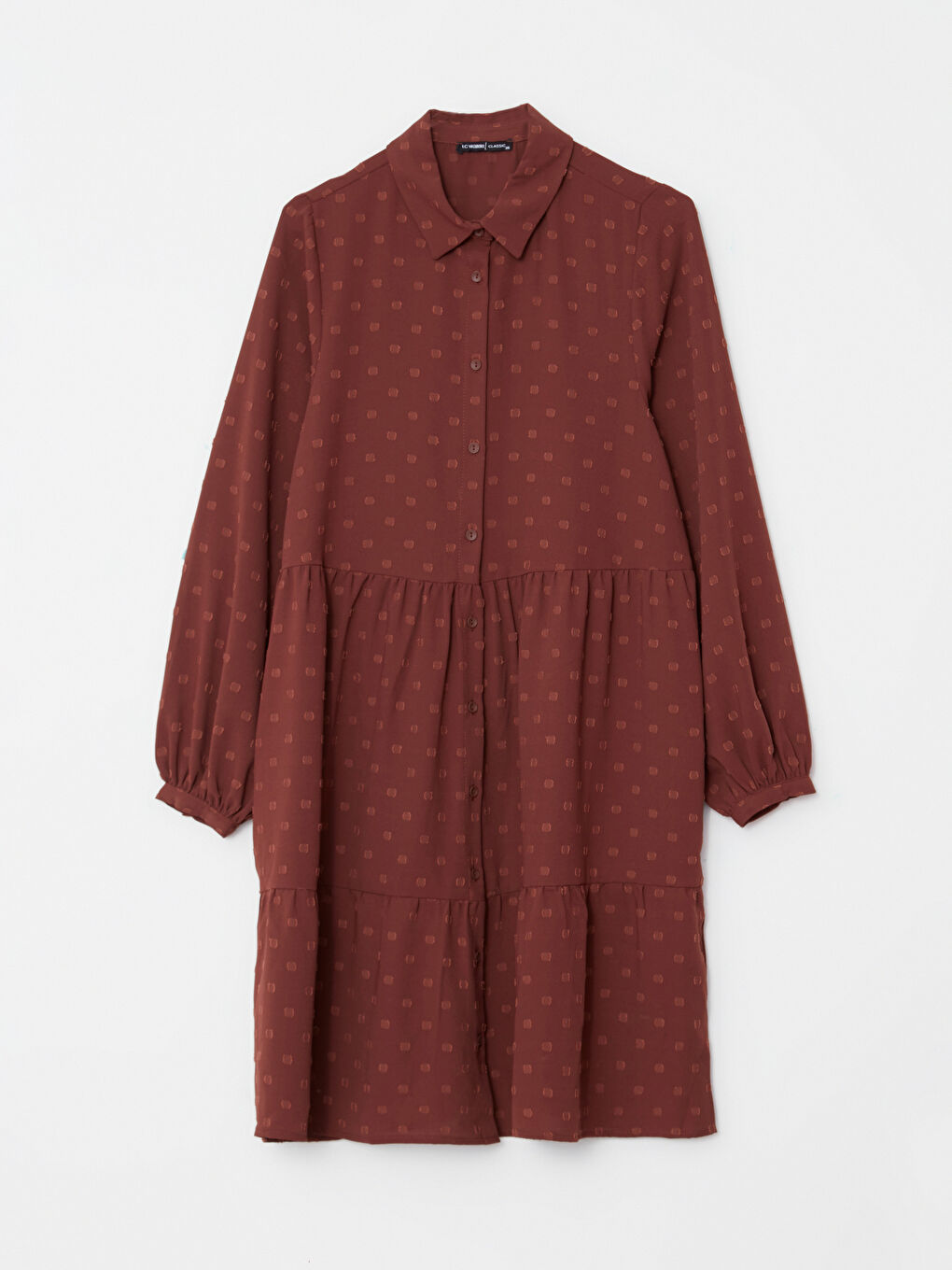 Kahverengi Gömlek Yaka Desenli Uzun Kollu Kadın Elbise-5