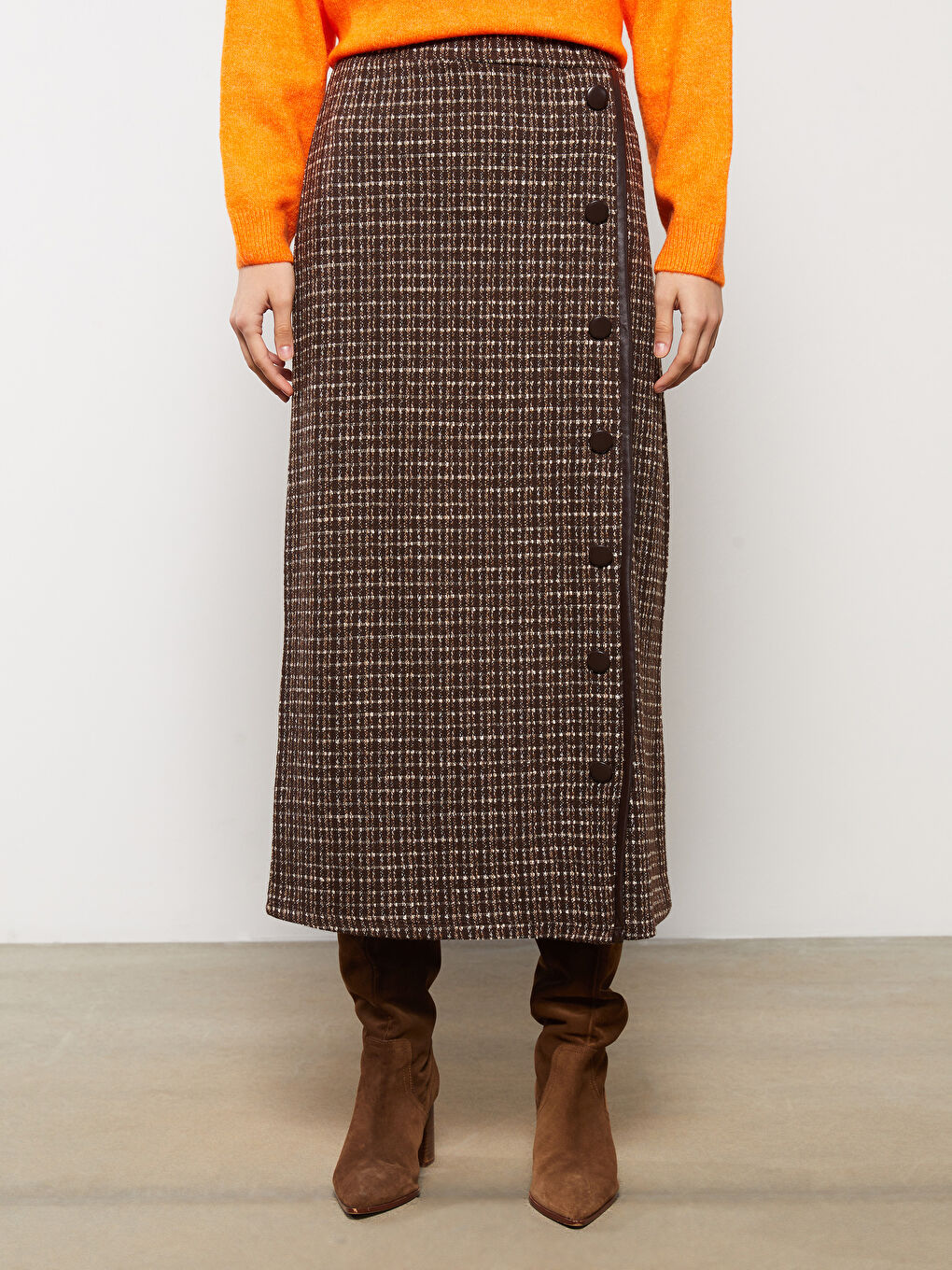 Kahverengi Desenli Düğme Detaylı Kadın Etek-2