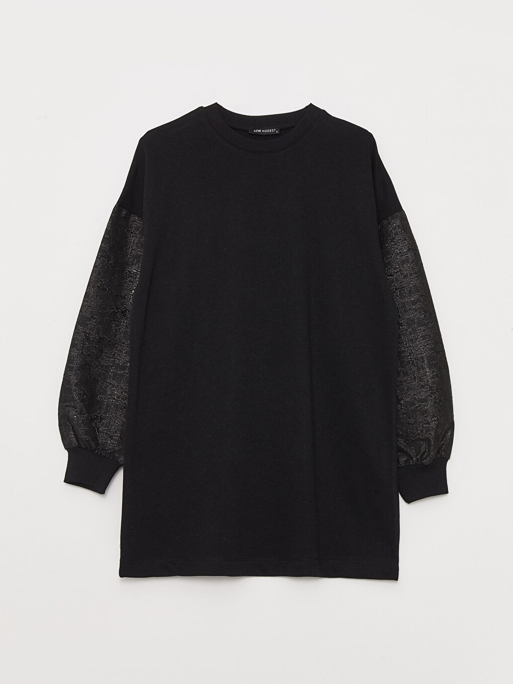 Siyah Bisiklet Yaka Kendinden Desenli Uzun Kollu Kadın Sweatshirt Tunik-8