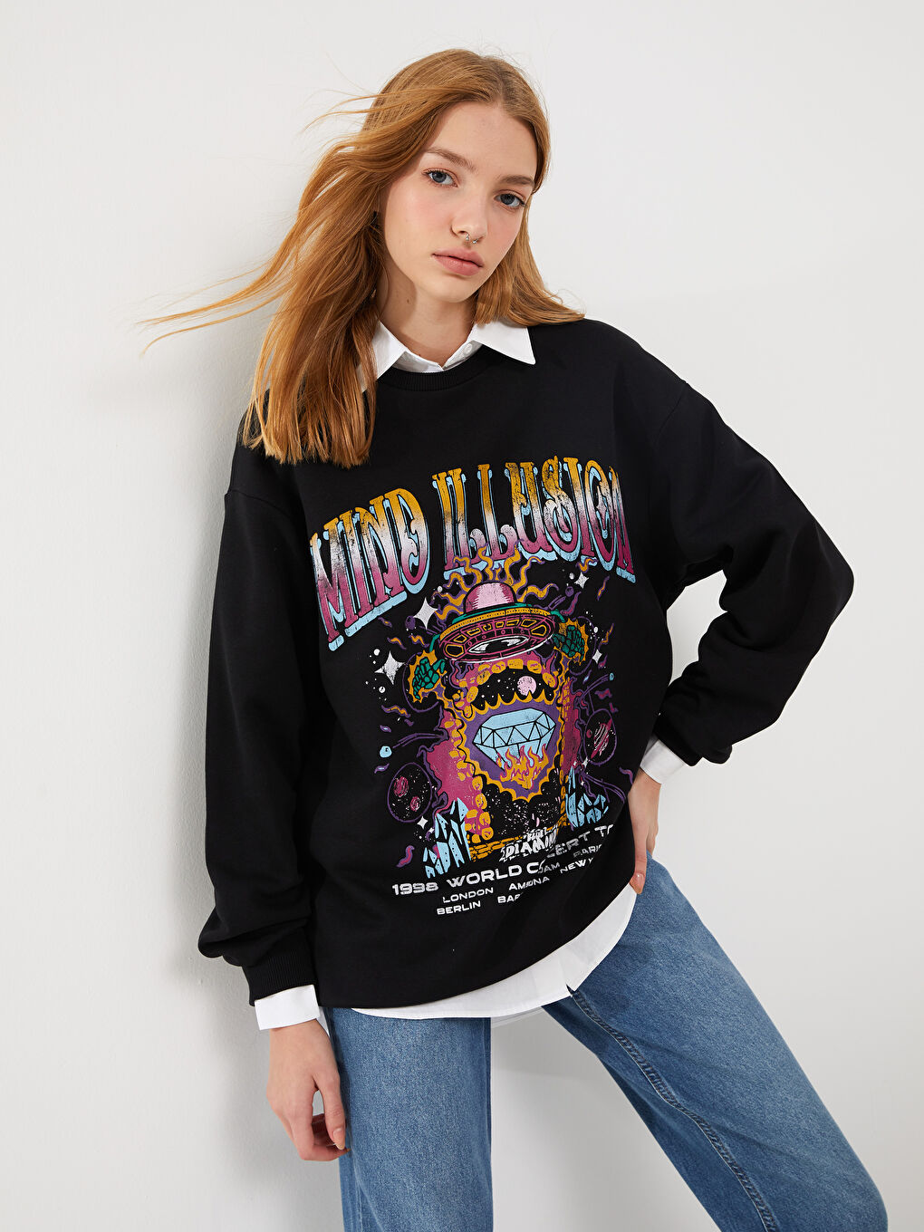 XSIDE Yeni Siyah Bisiklet Yaka Baskılı Uzun Kollu Kadın Sweatshirt