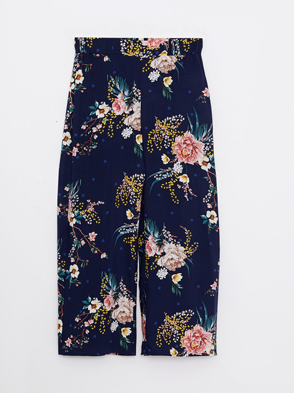 Lacivert Beli Lastikli Çiçekli Viskon Kadın Pantolon-5